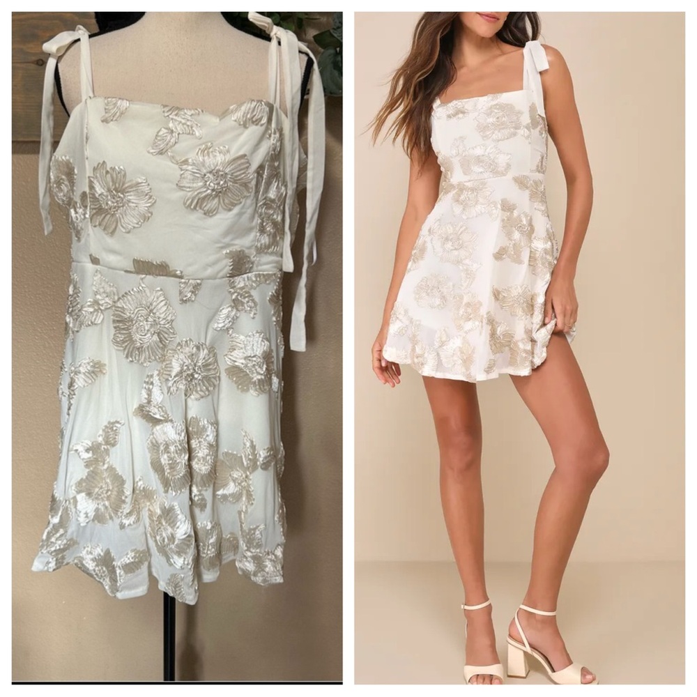 Truly Inspiring Ivory Mesh Floral Applique Tie-Strap Mini Dress